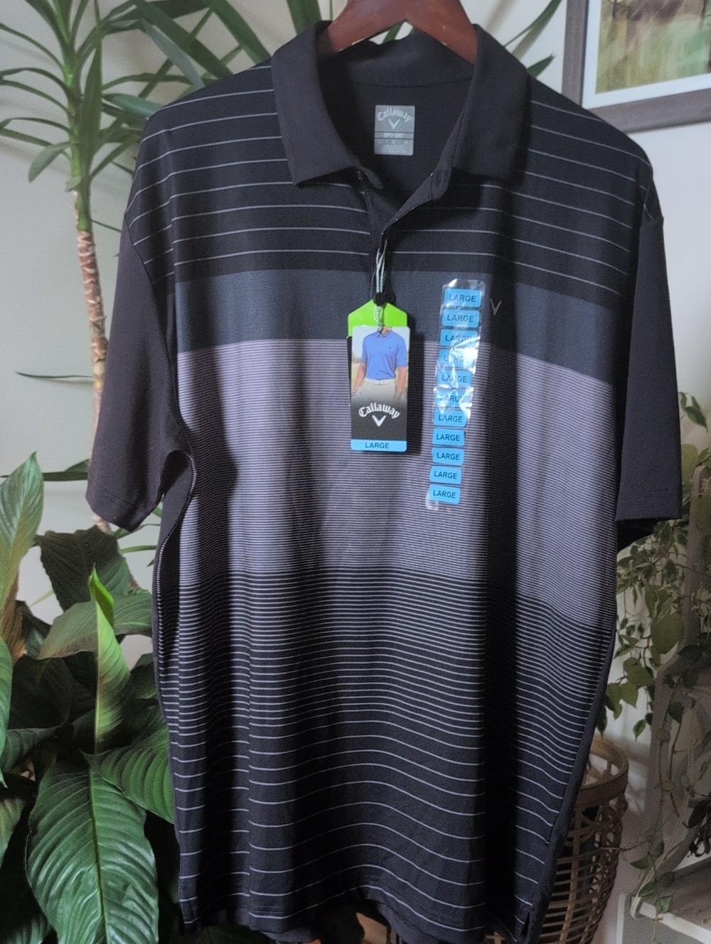 NWT Callaway Men's Black and Gray Striped Golf Polo
